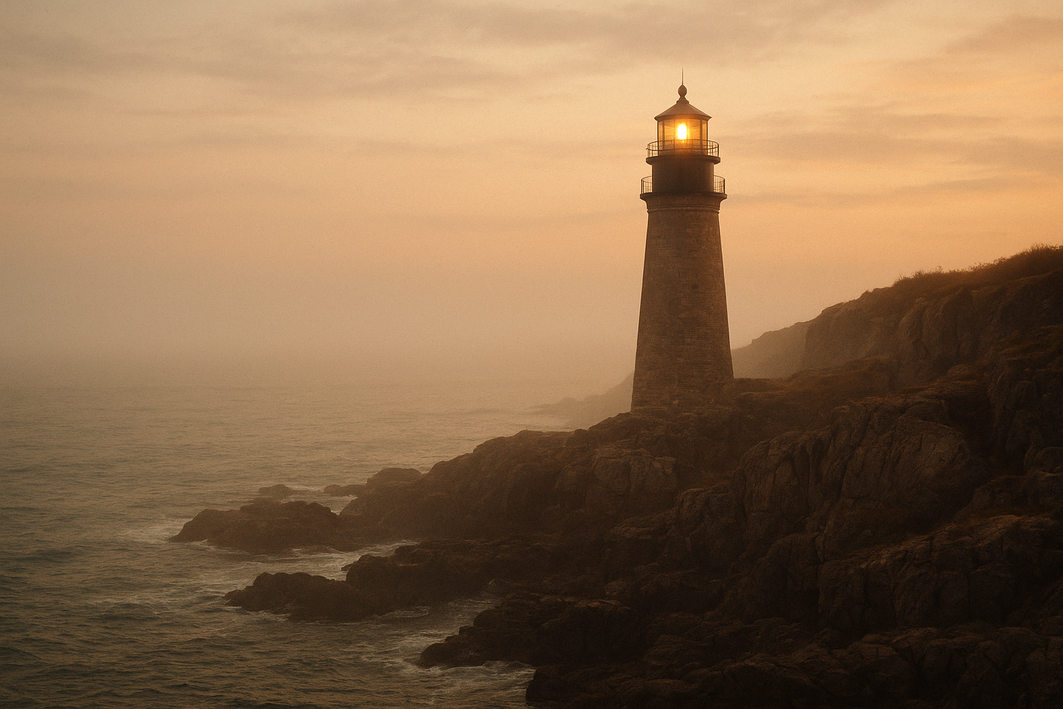 Warm film-inspired photograph of a northern coast lighthouse on rugged cliffs at dusk with sea mist and gentle waves