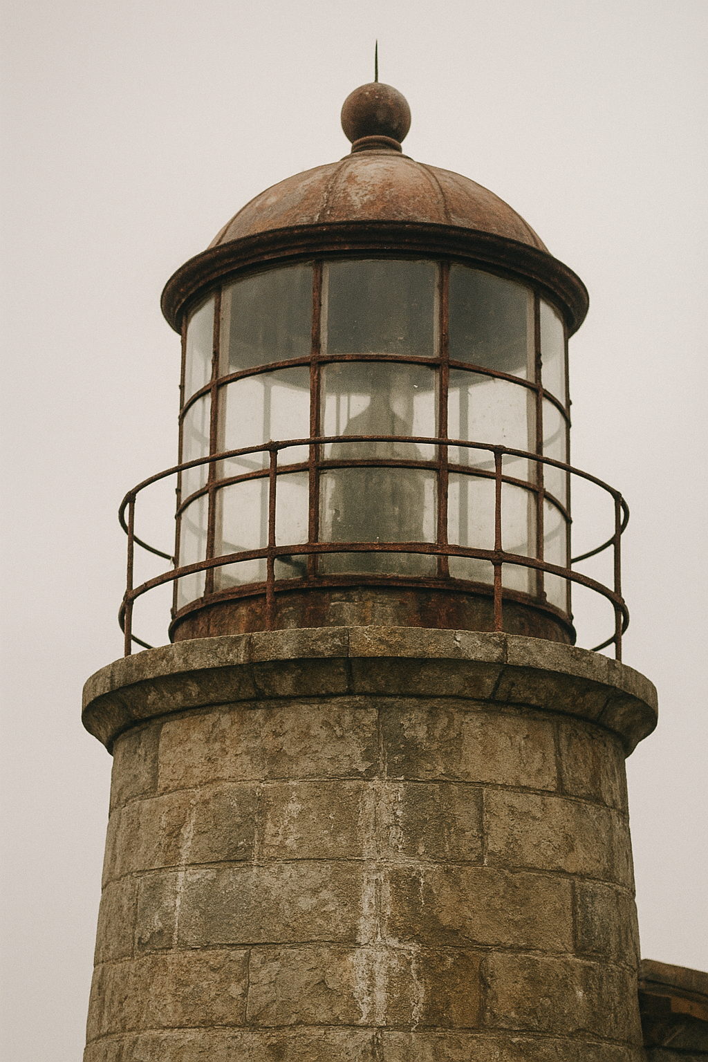 Close archival view of a weathered northern coast lighthouse wall, iron lantern framing, and sea-worn stone detail