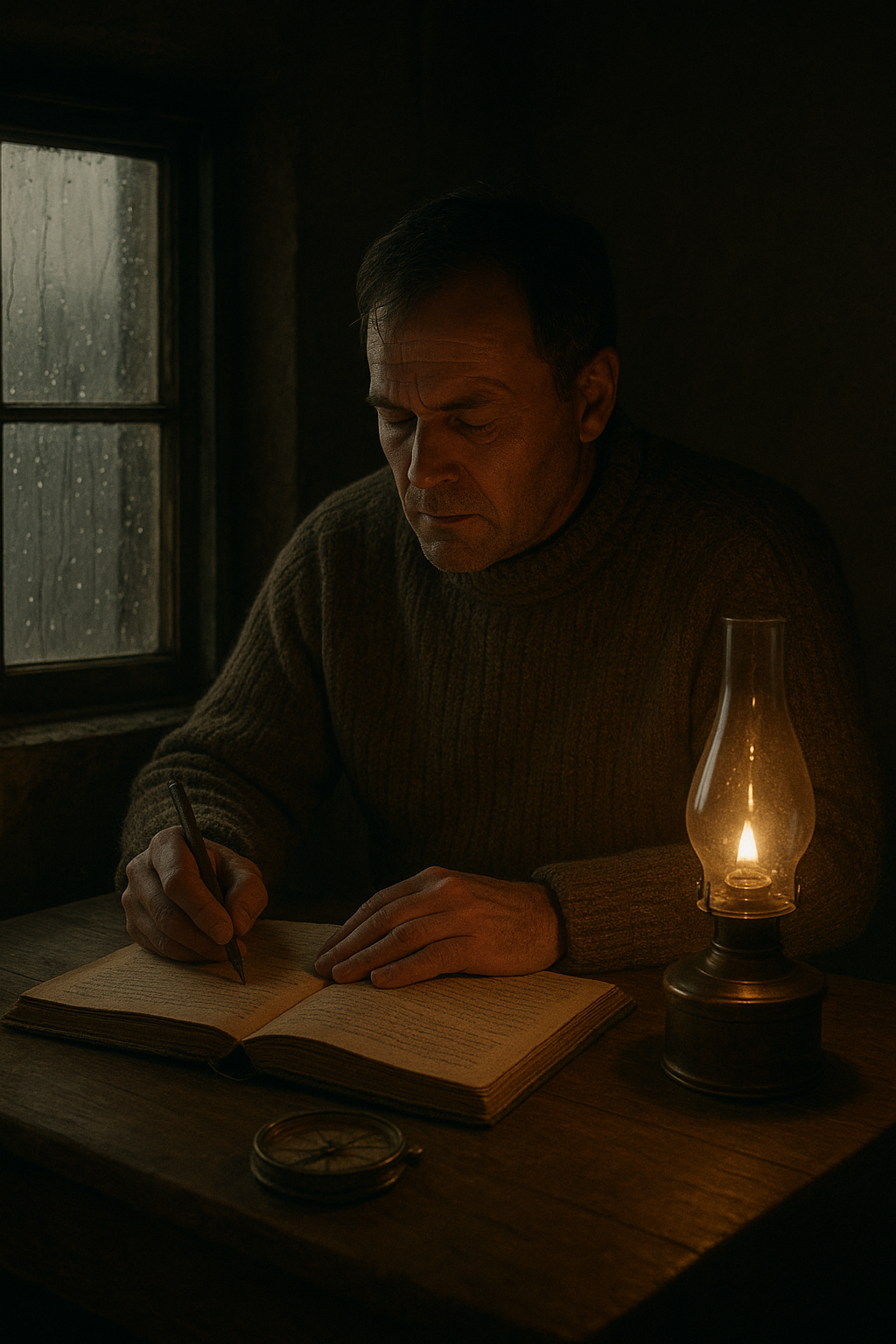 Weathered lighthouse keeper writing by lantern light at a wooden desk, with logbook pages and brass instruments