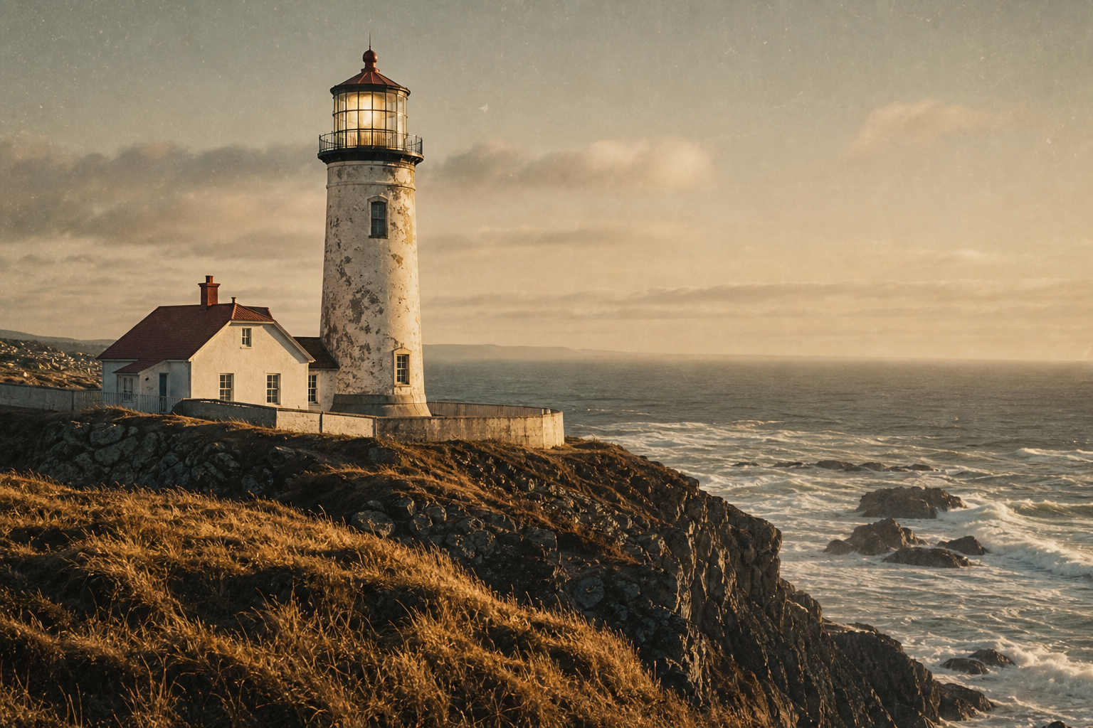 Archival-style northern coast lighthouse landscape at golden-hour, rugged shoreline cliffs, weathered tower, warm film tones, and subtle grain texture