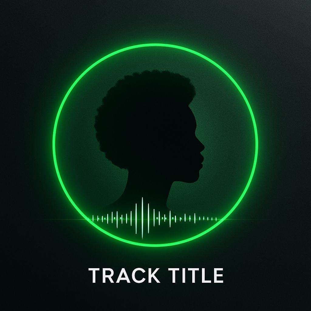 Square album cover mockup with bold green neon ring, dark afrobeat silhouette, and minimal track text on a charcoal background