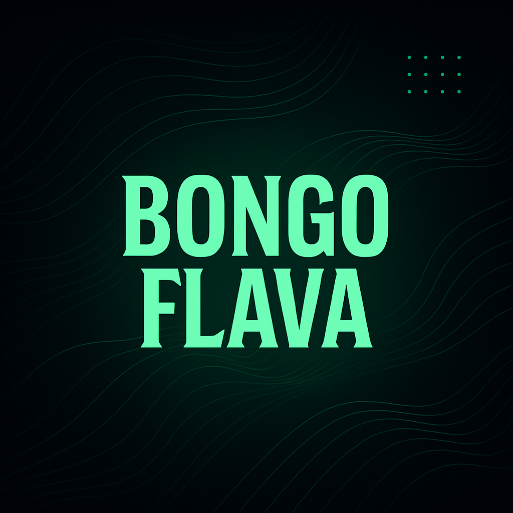 Square album cover mockup with deep green gradient, bongo flava typography, and abstract wave lines over a black background