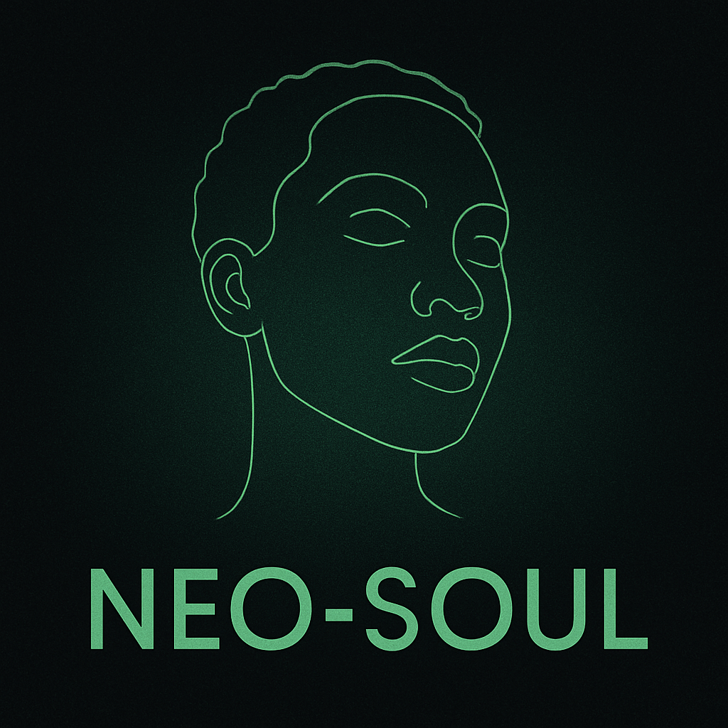 Square album cover mockup with muted green glow, minimalist portrait outline, and sleek neo soul lettering on a dark backdrop