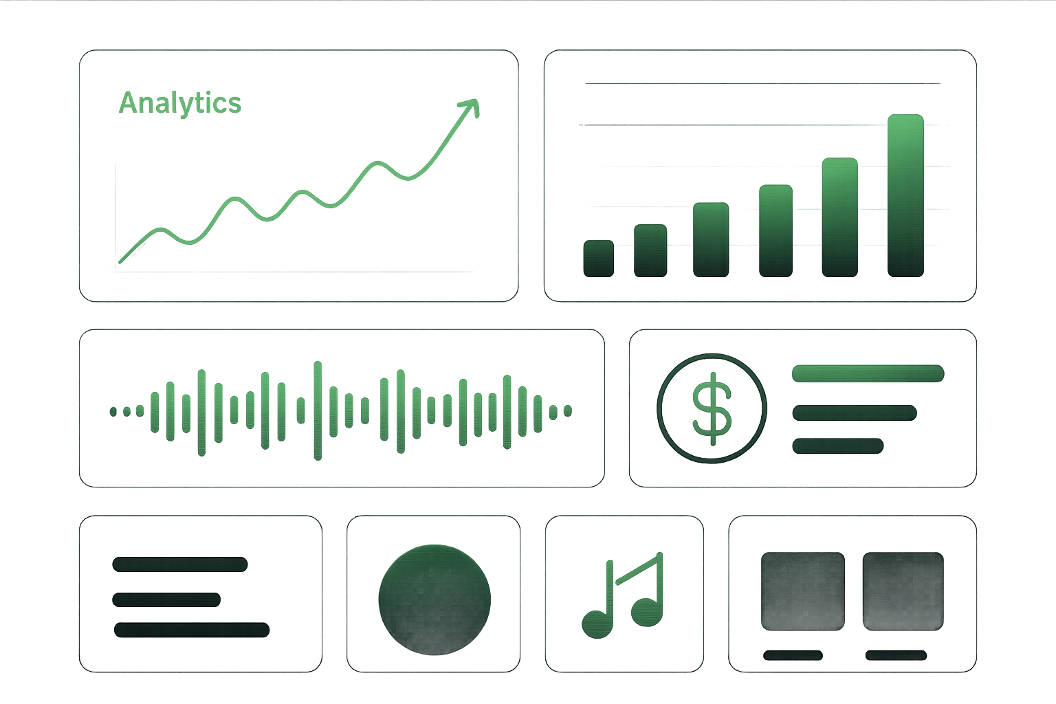 Futuristic dark music analytics dashboard with neon green charts, waveform panels, and payout widgets