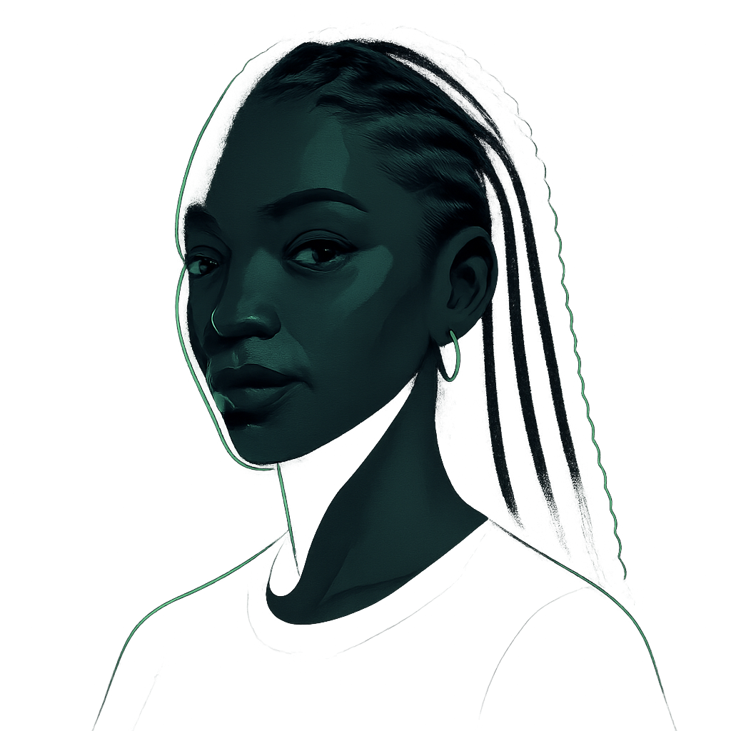 Stylized artist avatar portrait with braided hair, glowing green rim light, and a dark premium background