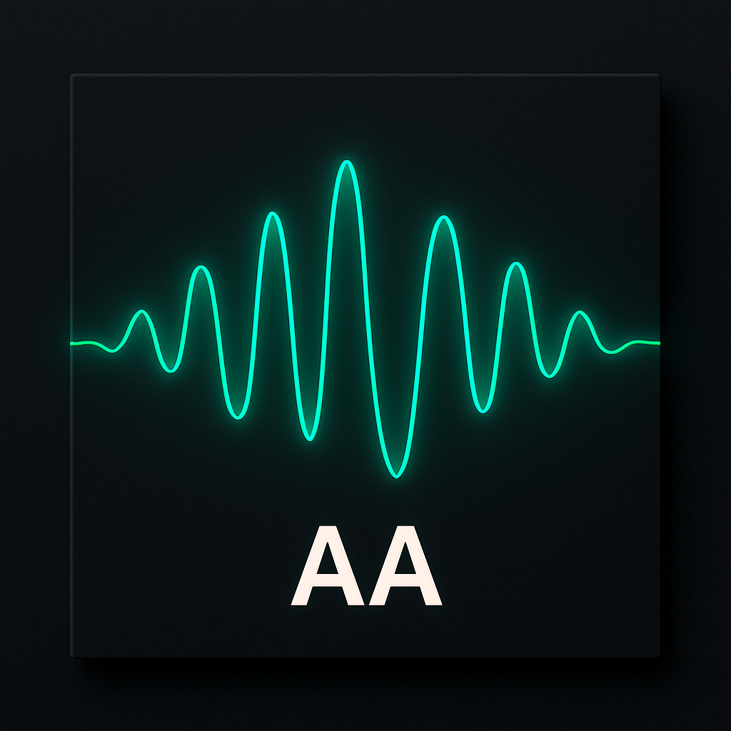 Square album cover with emerald neon waveform, minimalist artist initials, and dark charcoal backdrop