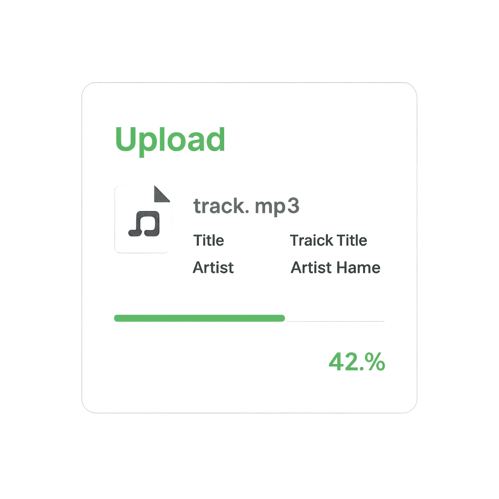 Dark UI upload card mockup with neon green progress bar, file icon, and metadata fields for track upload