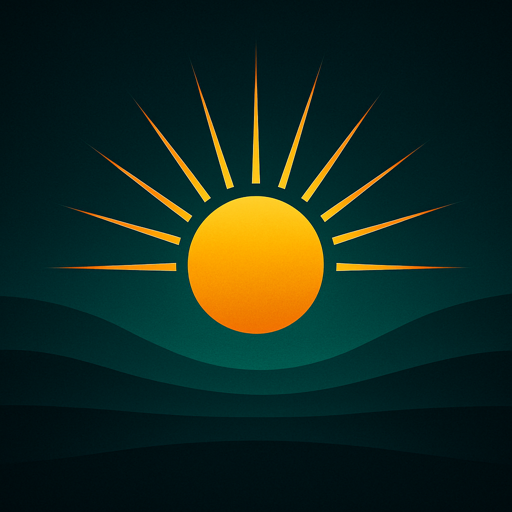 Square album cover with a golden sunburst over deep teal gradients, minimalist festival vibe