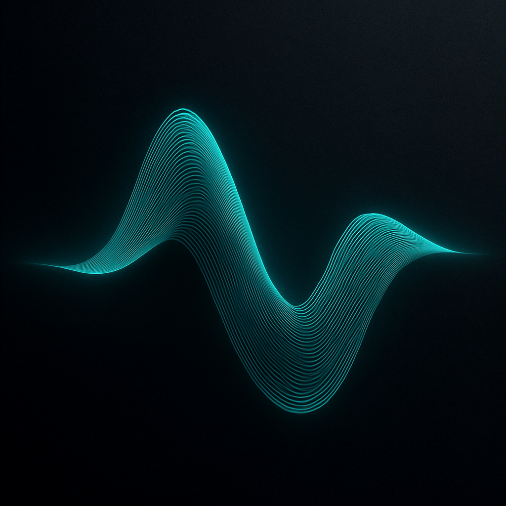 Square album cover featuring a cyan soundwave ribbon over a dark slate background, sleek studio look