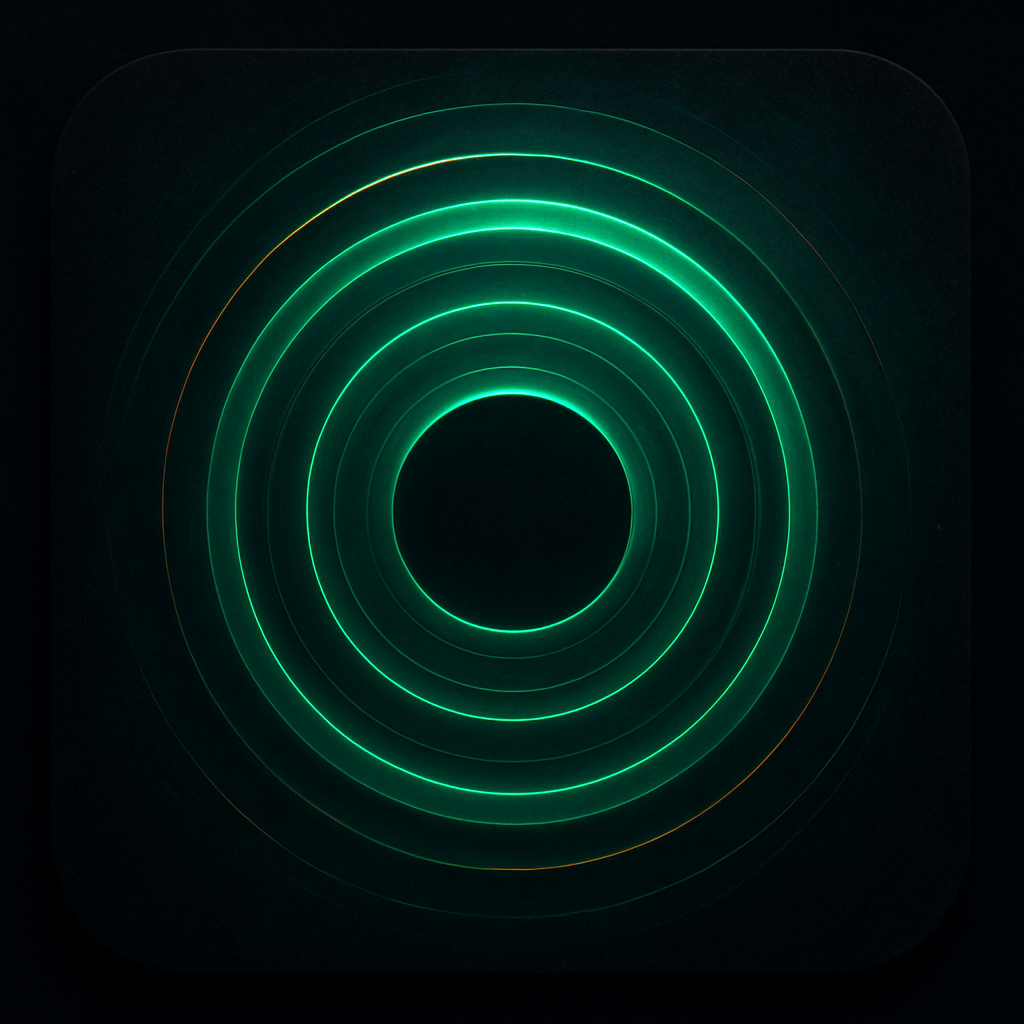 Rounded square album cover with vibrant emerald rings, subtle gold accents, and a dark textured background