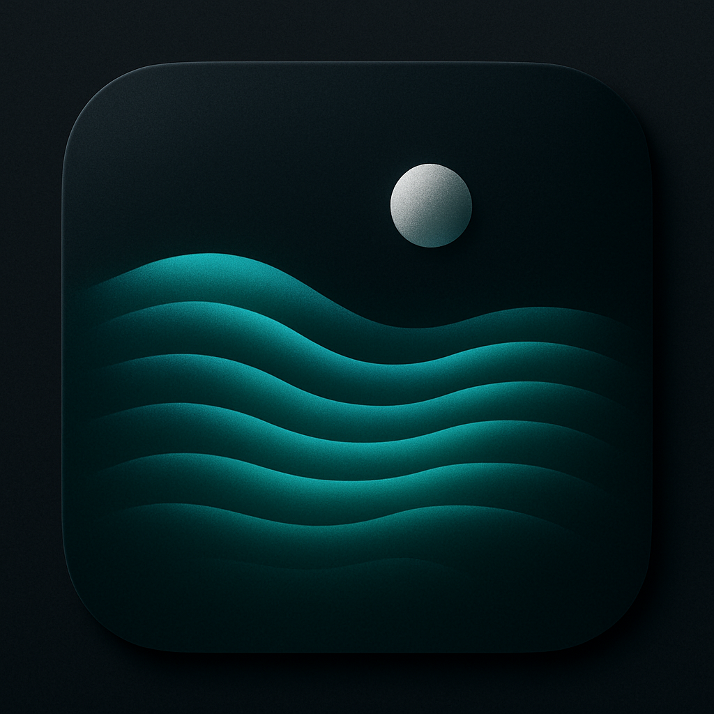 Rounded square album cover featuring cool teal gradients, rippling lake lines, and a silver moon disc on a dark background