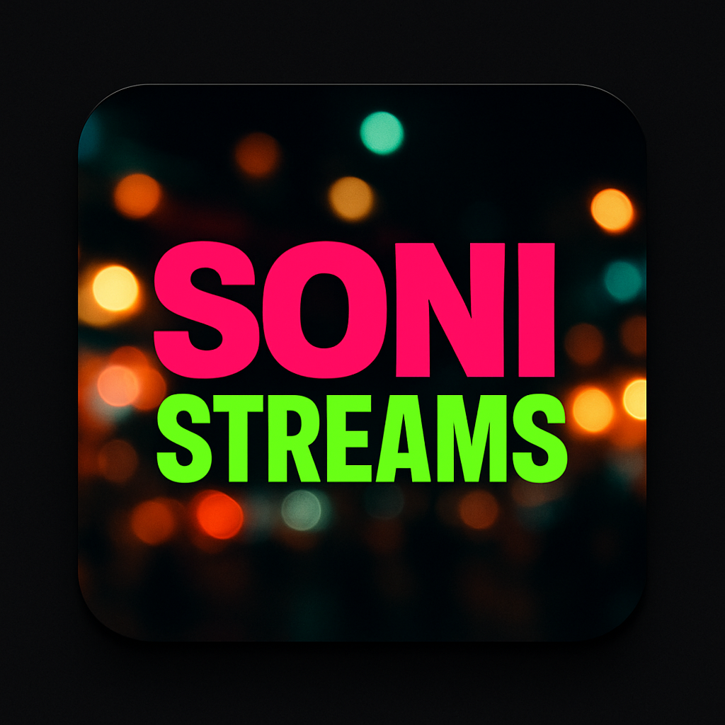 Rounded square album cover with bold magenta and green neon typography blocks and abstract market-light bokeh on black