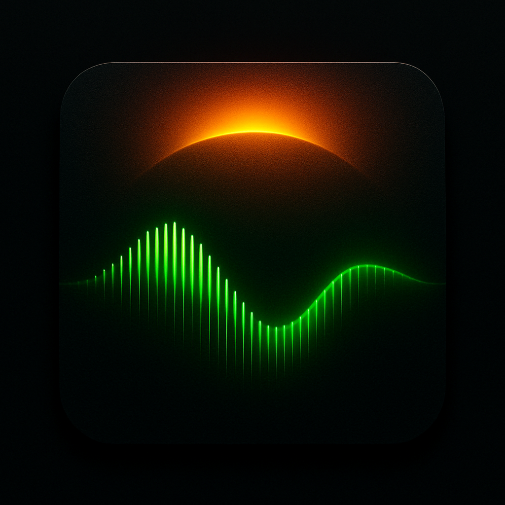 Rounded square album cover with a deep black background, neon green waveform arc, and a warm amber sunrise glow