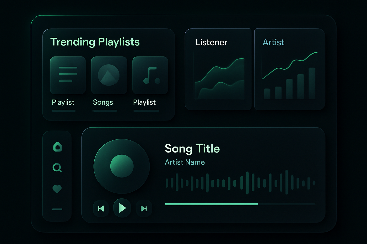 Abstract dark music streaming dashboard with neon green highlights, trending playlist tiles, and listener-artist analytics panels