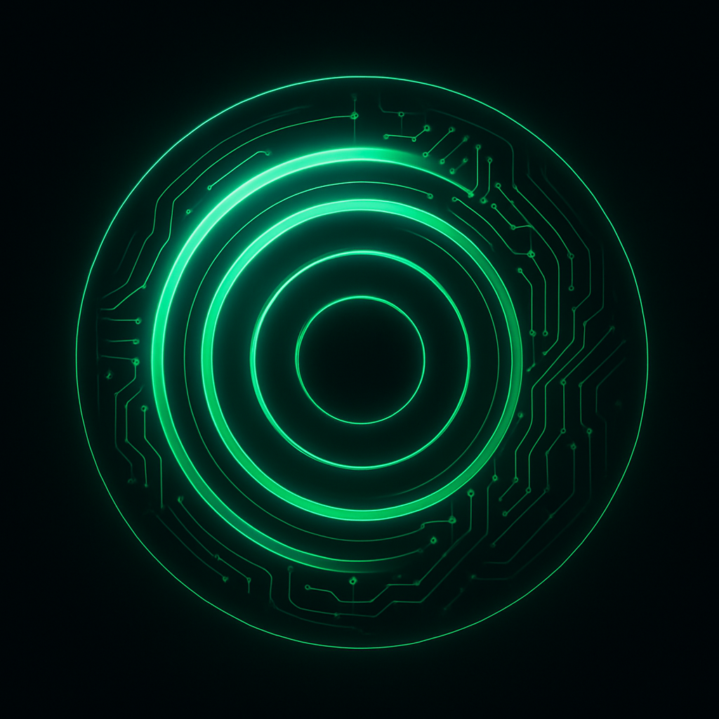 Square album cover with futuristic circuit rings in emerald on deep black