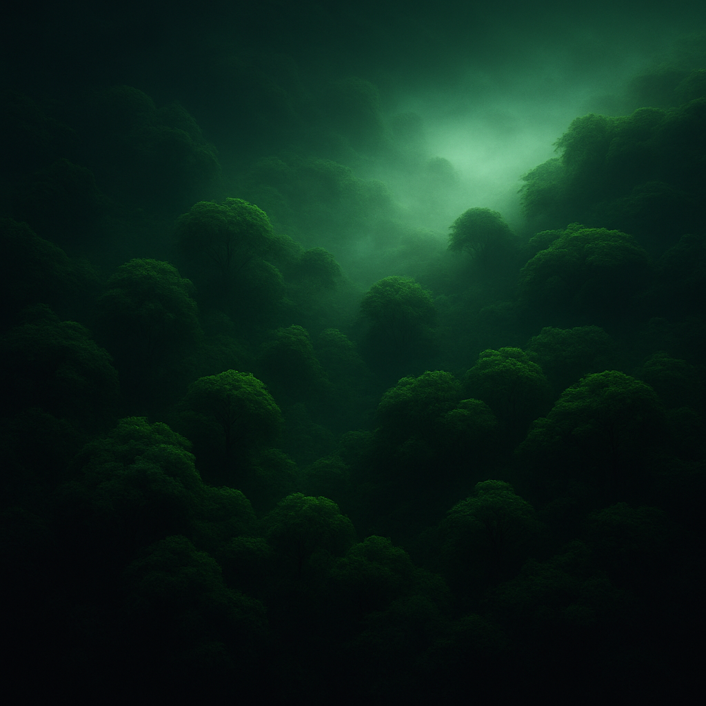 Square album cover with lush green forest canopy and soft mist highlights