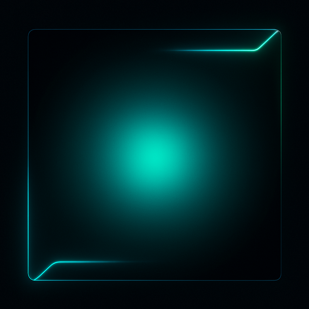 Square album cover with deep teal lagoon glow, neon lines, and a soft radial light center