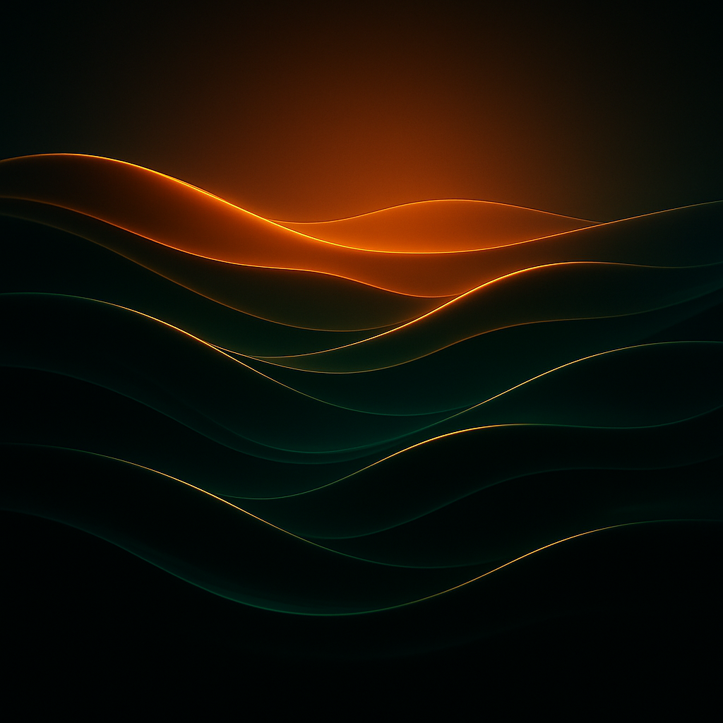 Square album cover with abstract warm desert waves in amber and emerald, glossy streaming style