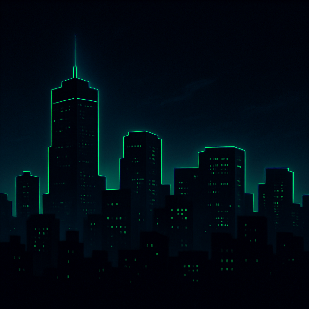Square album cover with midnight blue city skyline and green neon outline
