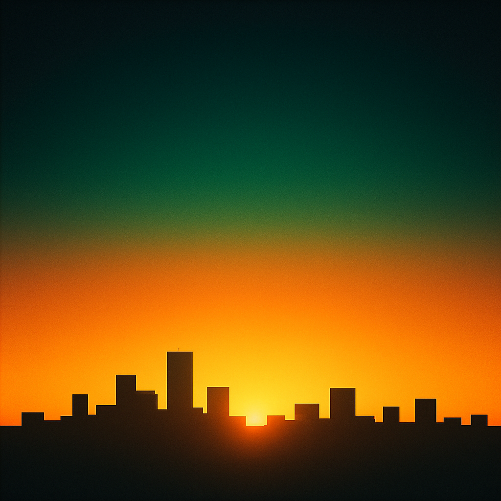 Square album cover with sunrise gradient in orange and emerald, minimal skyline silhouette