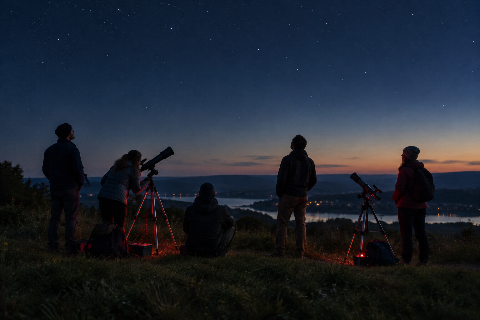 Club members observing through telescopes at dusk during a community stargazing session