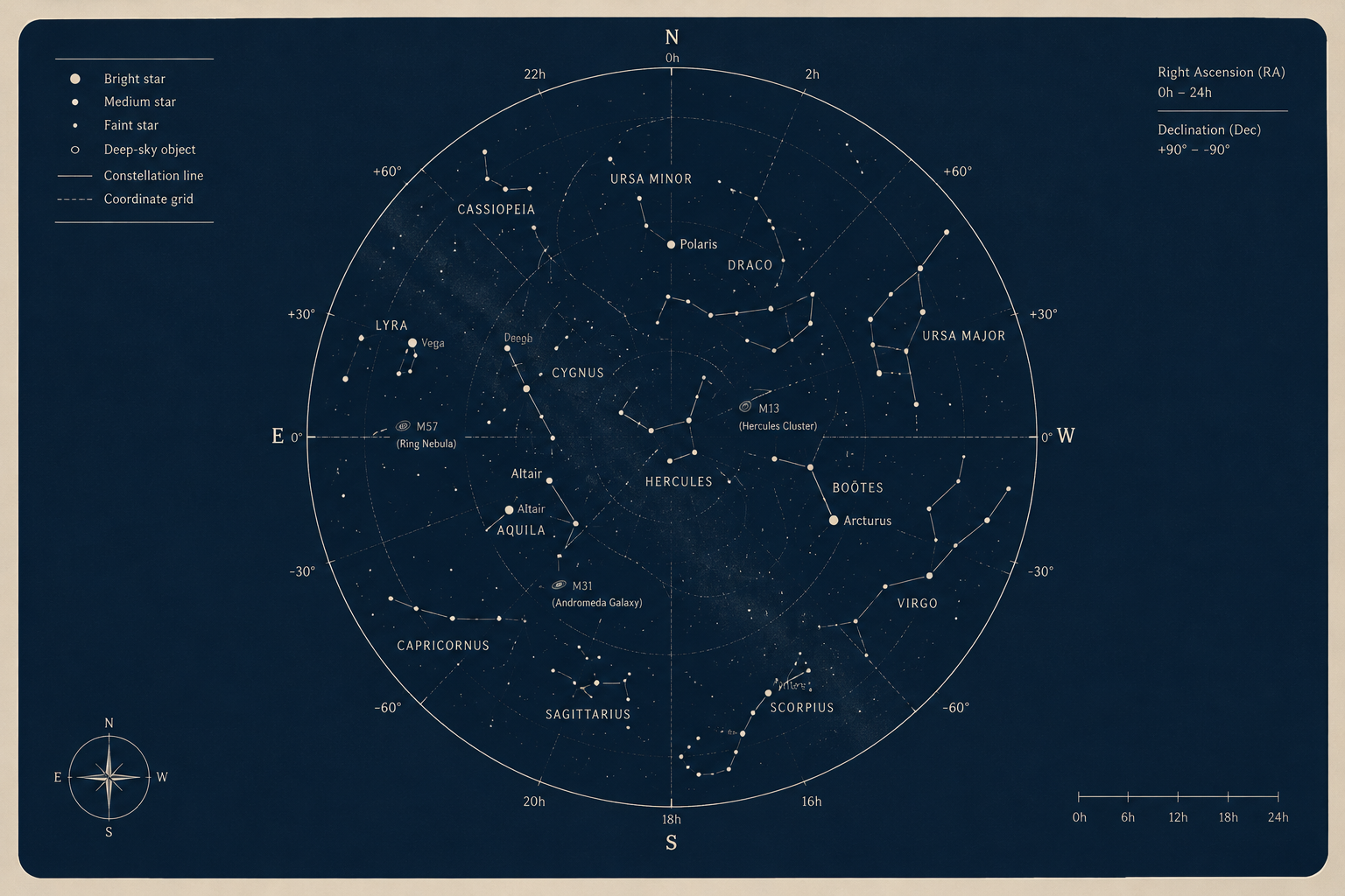 Printed-style night sky chart with constellation lines, coordinate markings, and annotated object positions