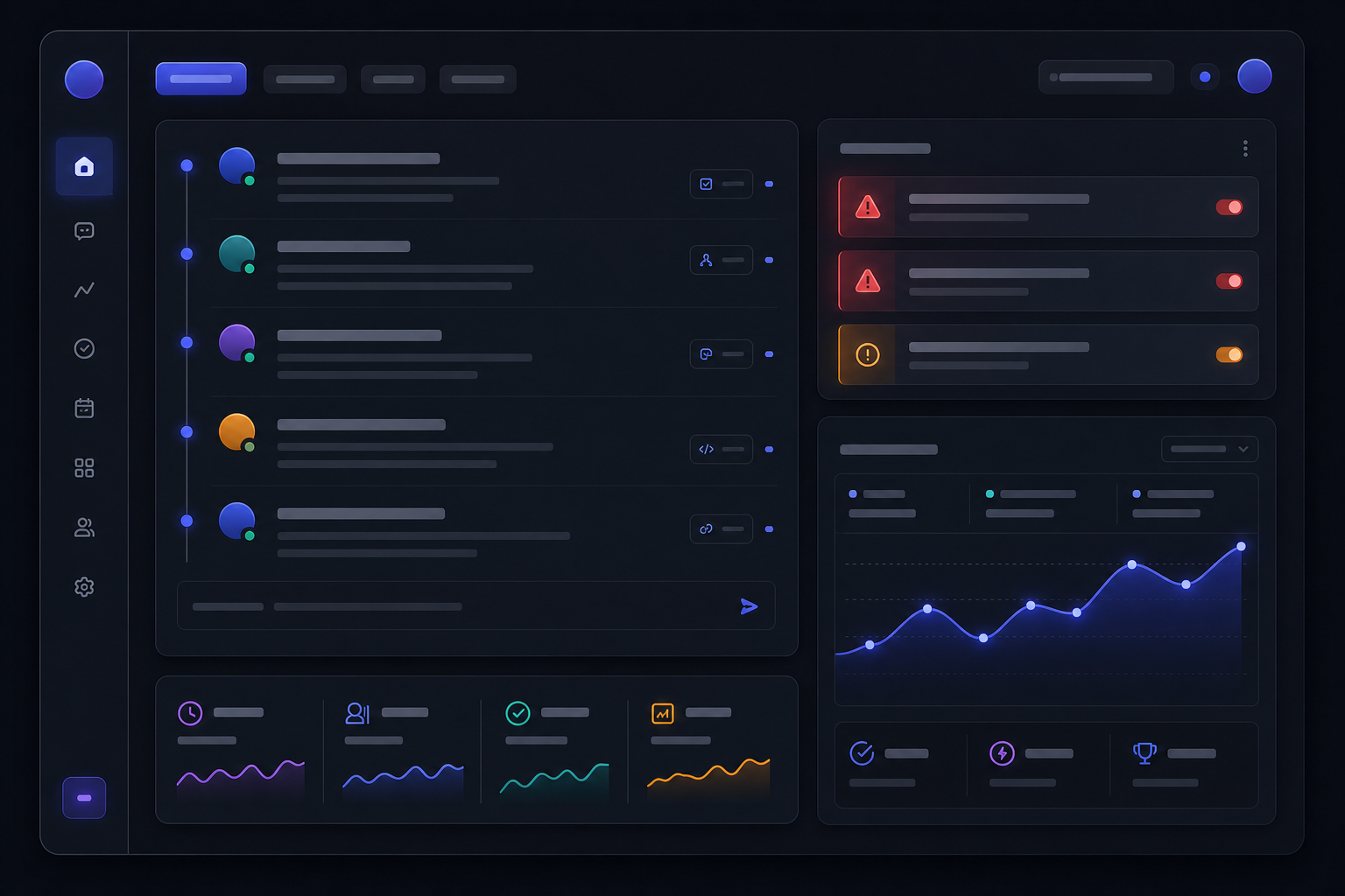 Abstract modern SaaS dashboard panel showing a digest timeline, blocker alerts, and sprint health cards in a dark interface