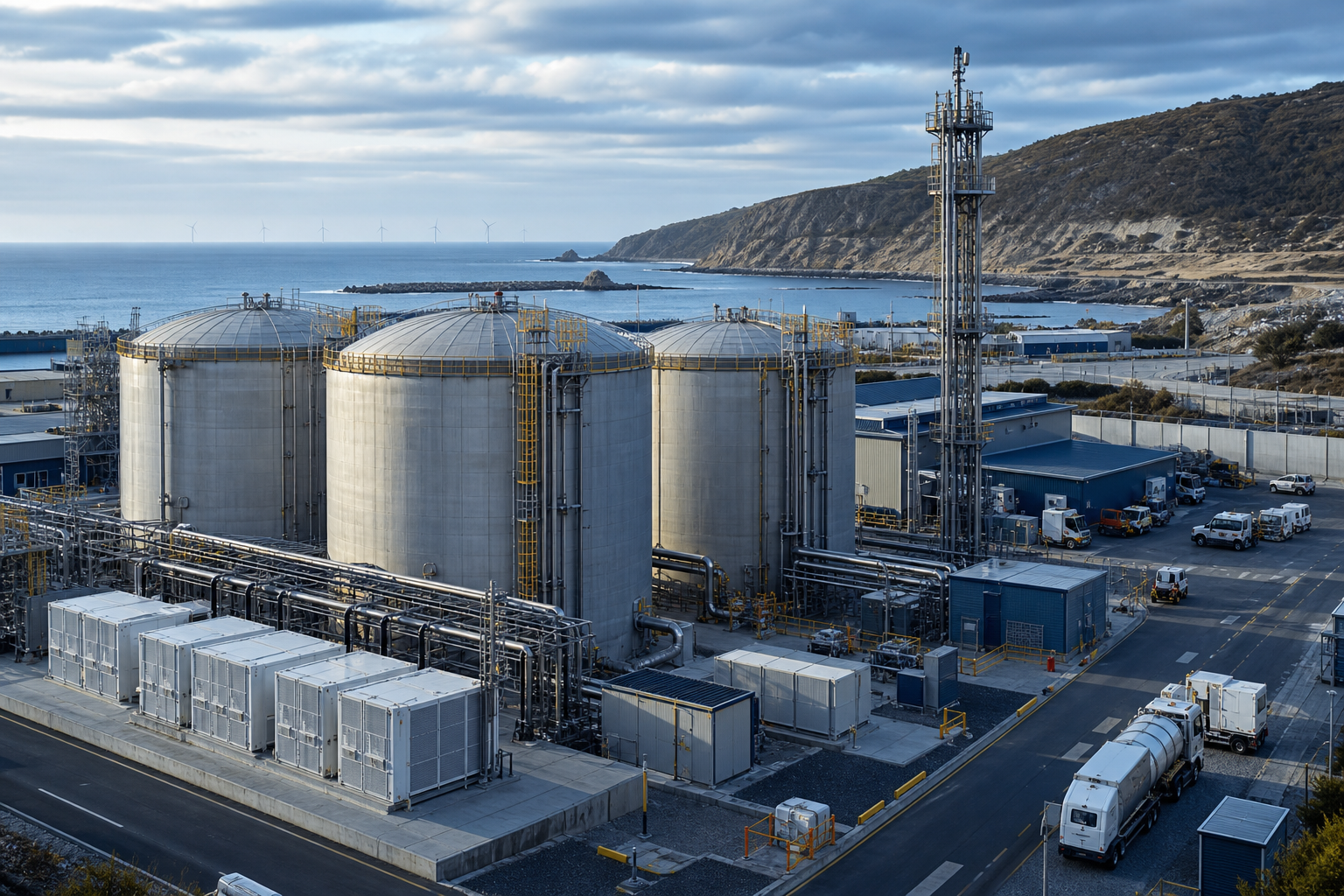 High-resolution exterior of a hydrogrid storage hub with reinforced tanks, monitoring towers, and coastal logistics access