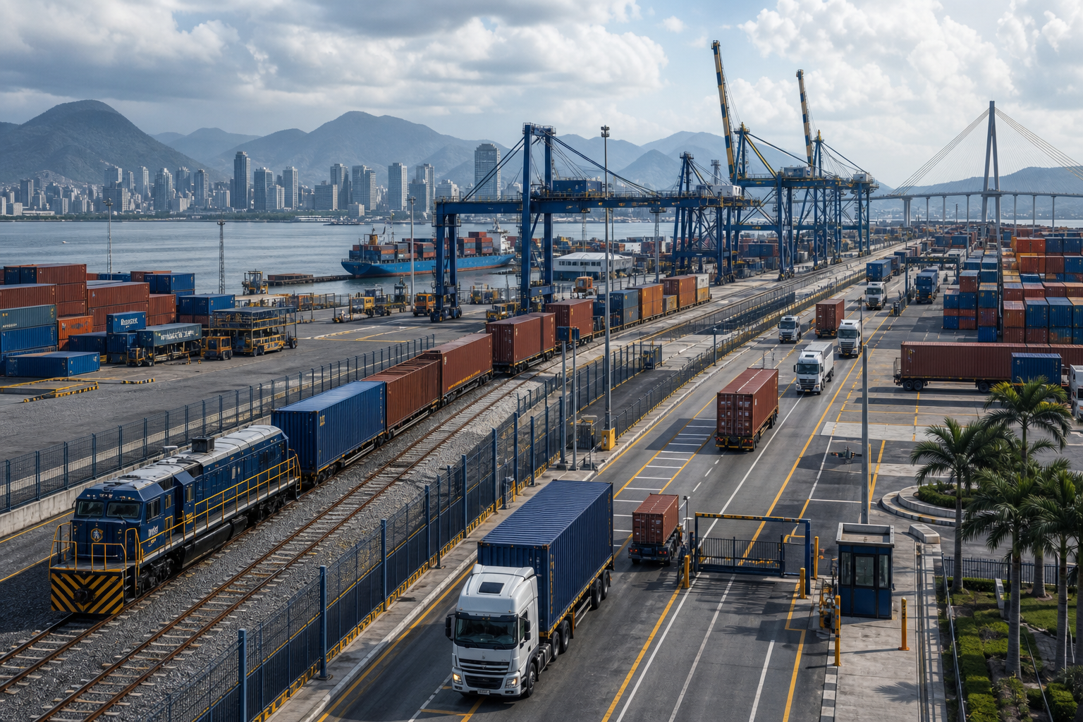 High-resolution logistics corridor with intermodal terminals, freight cranes, and secured transit lanes in a metropolitan port zone