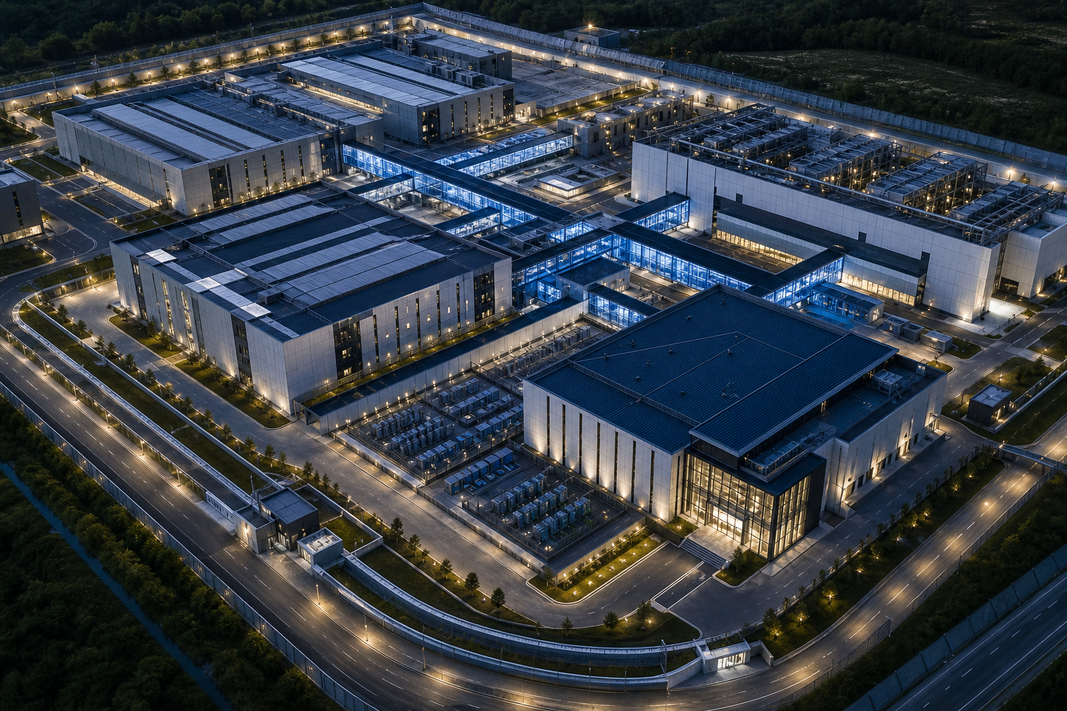 High-resolution aerial view of a modular orbital node array facility with blue-lit data corridors and perimeter infrastructure