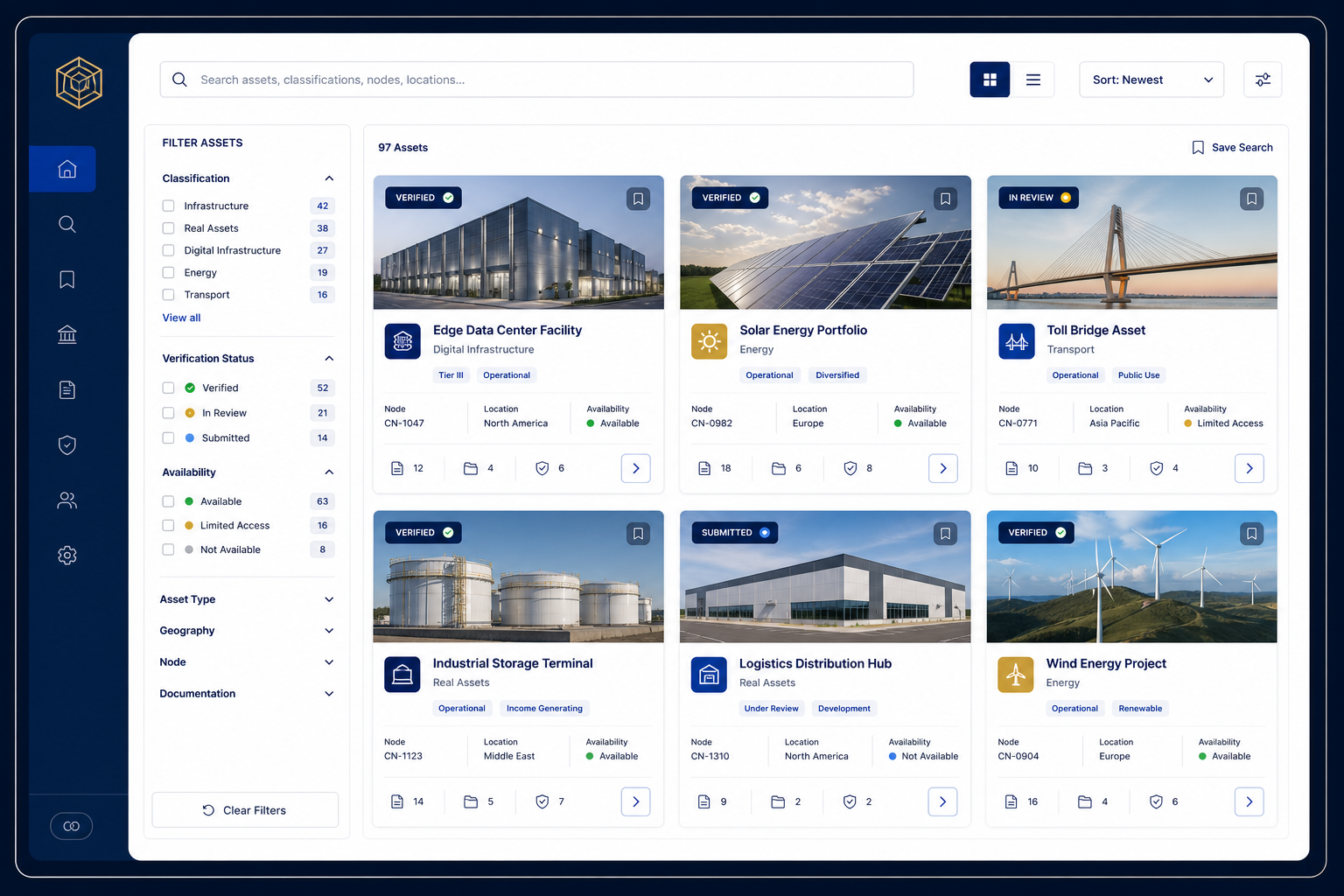 High-resolution institutional registry interface showing search, filter groups, and structured asset cards with verification and classification fields