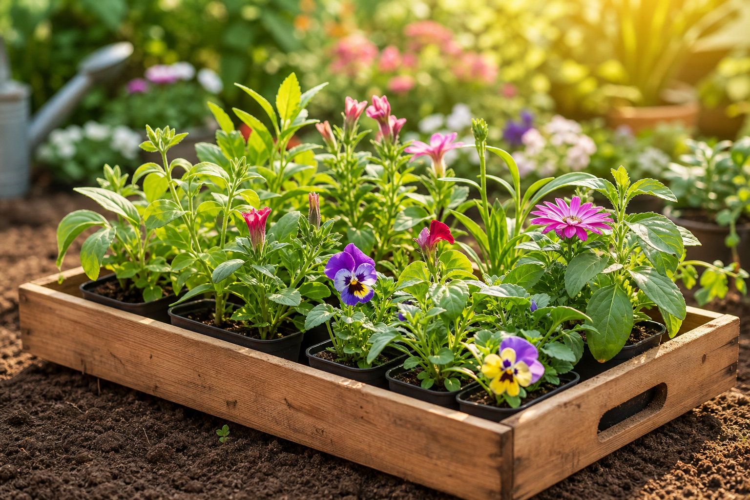 Wooden tray filled with healthy flower seedlings, showing green leaves and colorful budding blooms in a sunlit garden setting