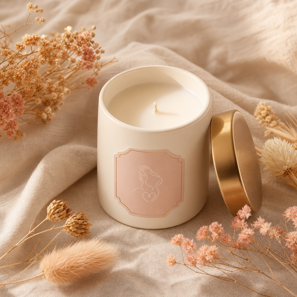 Cream ceramic candle with gold lid, soft pink label, and dried flowers beside it on linen fabric