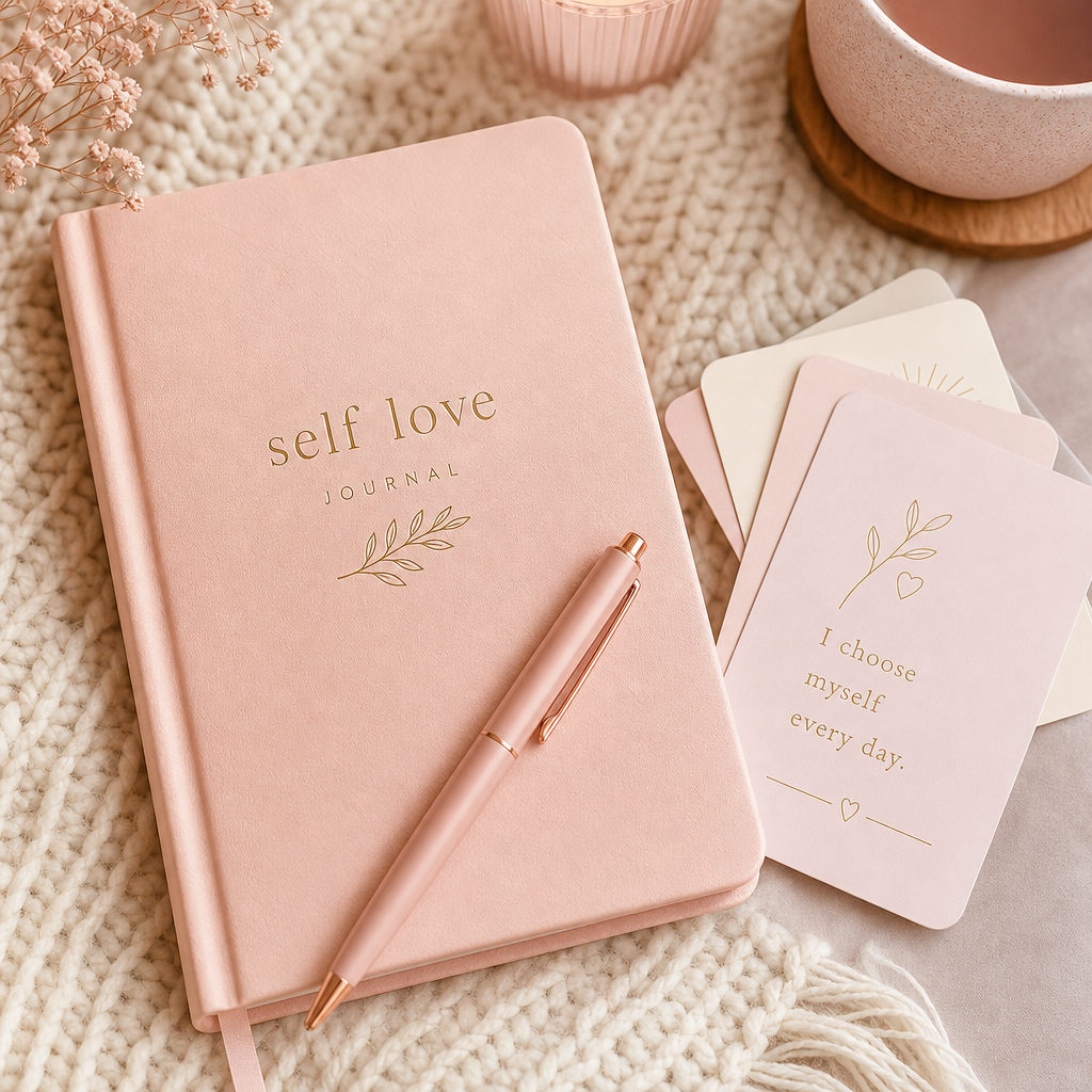 Blush pink journal with gold-foil lettering, paired with a pen and affirmation cards on a cozy knit blanket