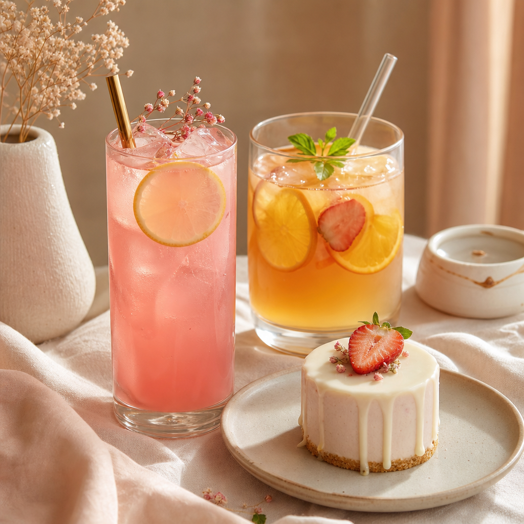 Chic self-care beverage set with a tall pink lemonade, a fruit-infused tea in a clear glass, and a small dessert on a soft linen backdrop