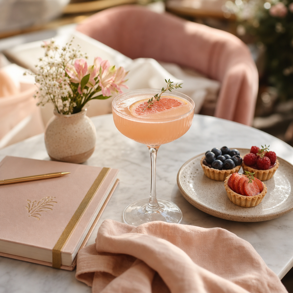 A cozy café-style table with a pale pink citrus mocktail in a coupe glass, a small plate of berry tartlets, and a journal beside soft linen napkins