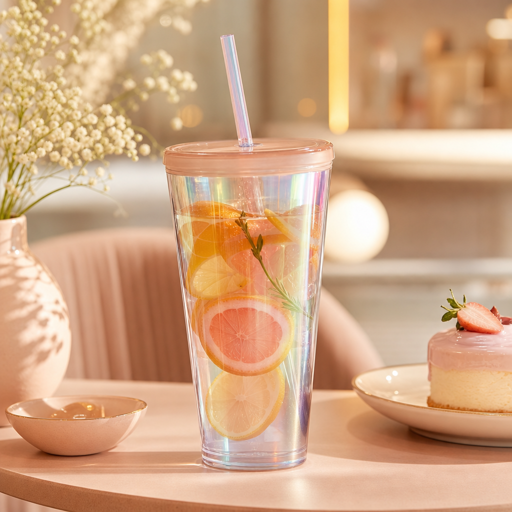 Iridescent clear tumbler with a soft rose lid, filled with citrus slices and a reusable straw, resting on a pastel café table