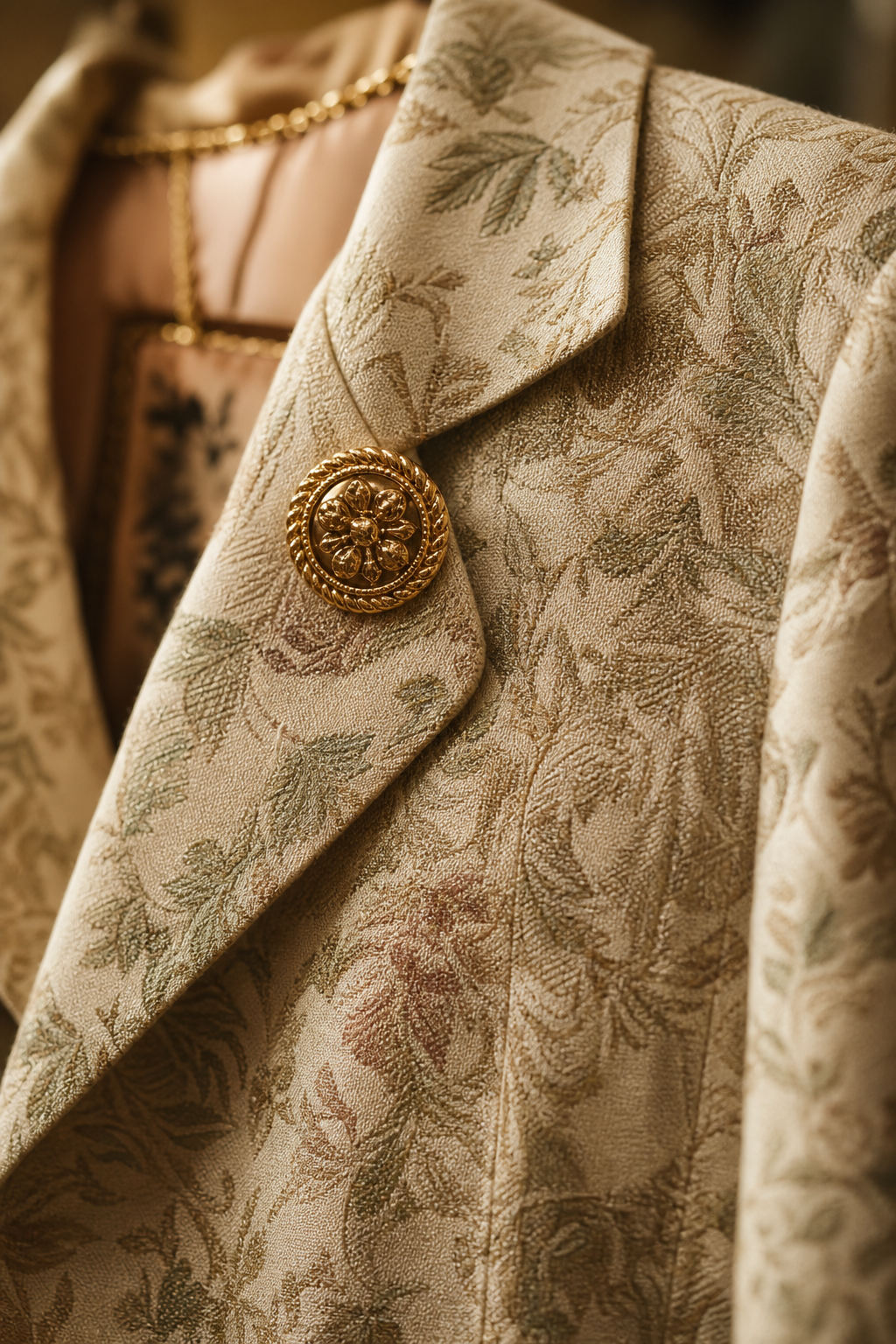 Close-up vintage fashion detail featuring textured fabric, precise tailoring seams, and classic metallic accessories in warm boutique lighting
