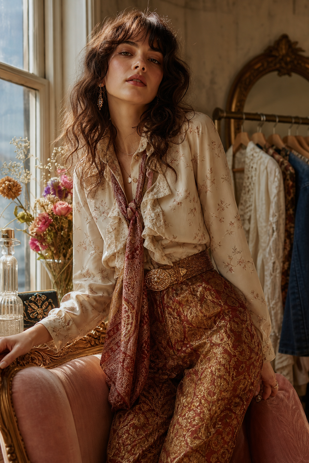 Fashion editorial portrait featuring a styled model in expressive vintage-inspired clothing, boutique mood, warm natural light, and refined composition