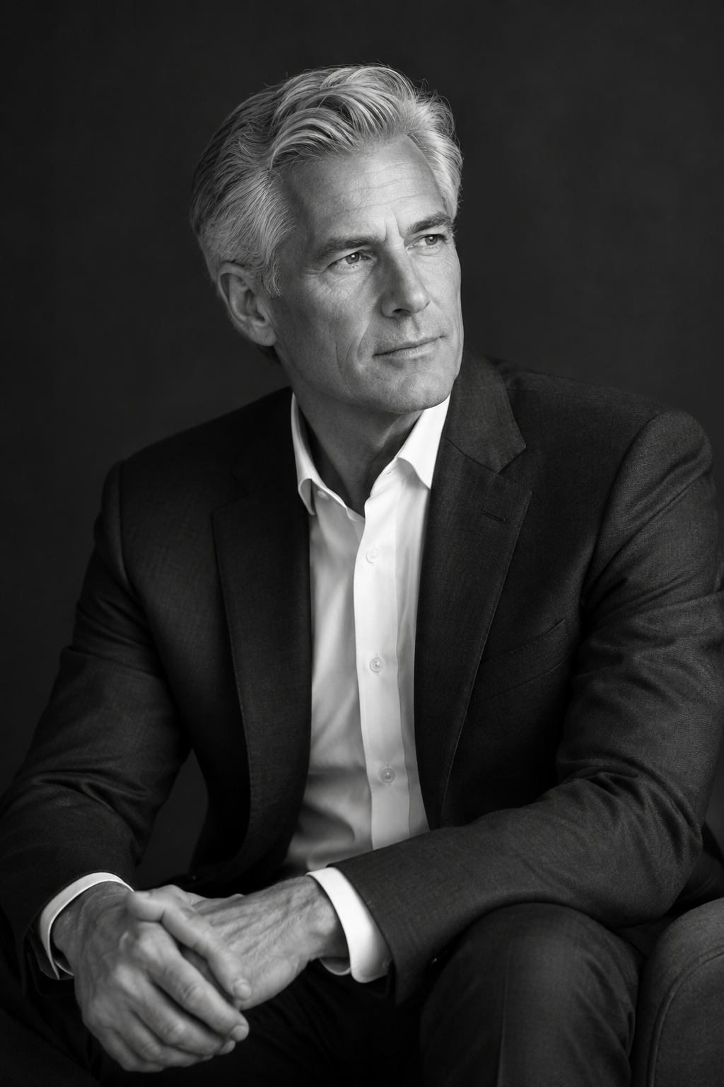 Monochrome cropped portrait of a senior executive in a tailored suit, lit softly from one side against a minimal studio background