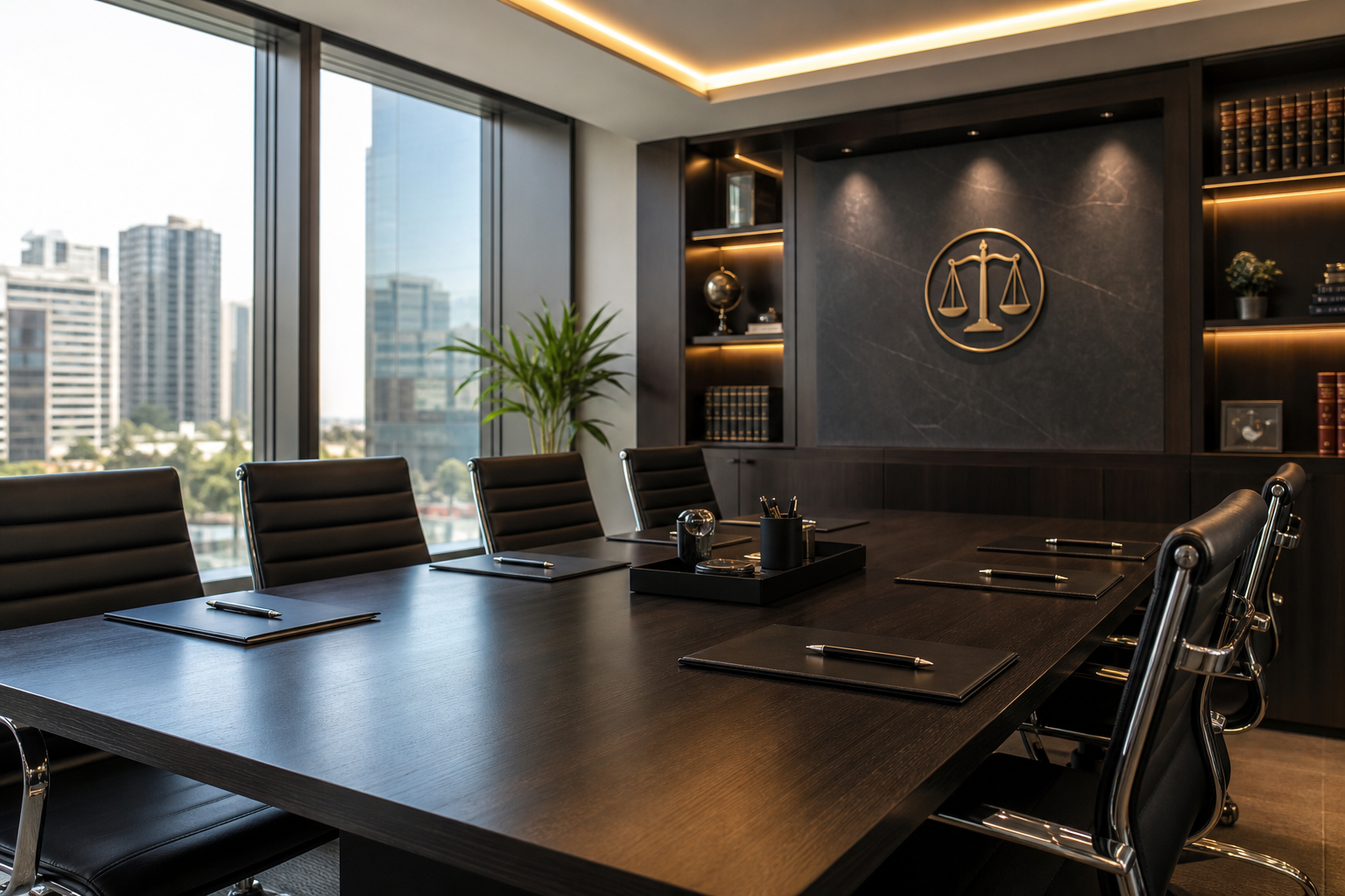 Sala de reuniões corporativa com mesa de madeira escura, cadeiras de couro e luz natural em um escritório jurídico moderno