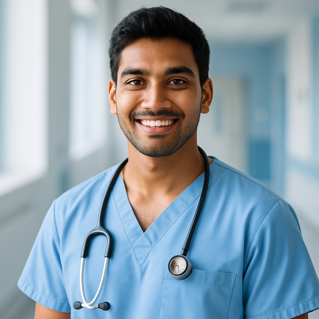 Young male nurse, Indian ethnicity, smiling
