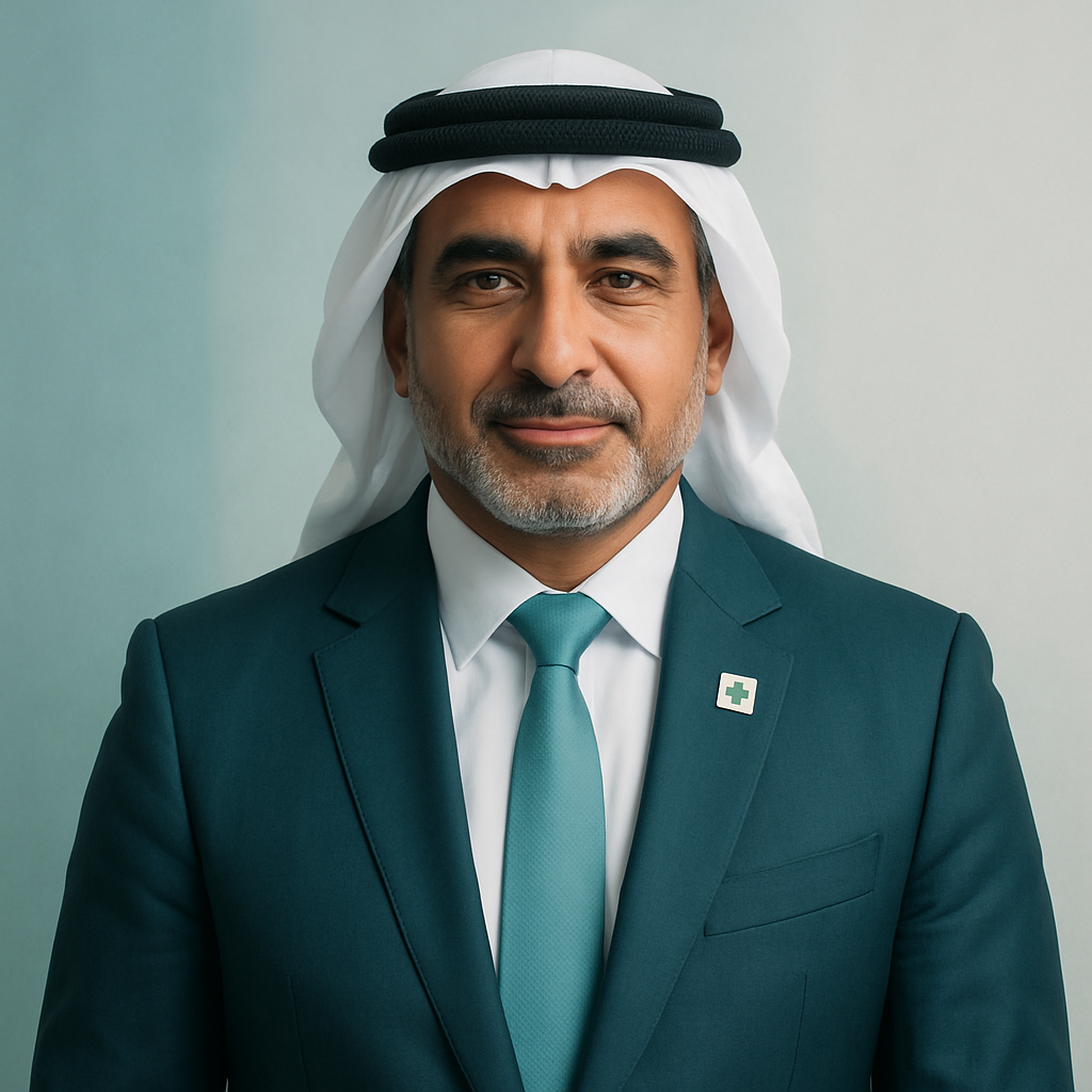 Middle-aged Arab man in suit, confident, healthcare partner