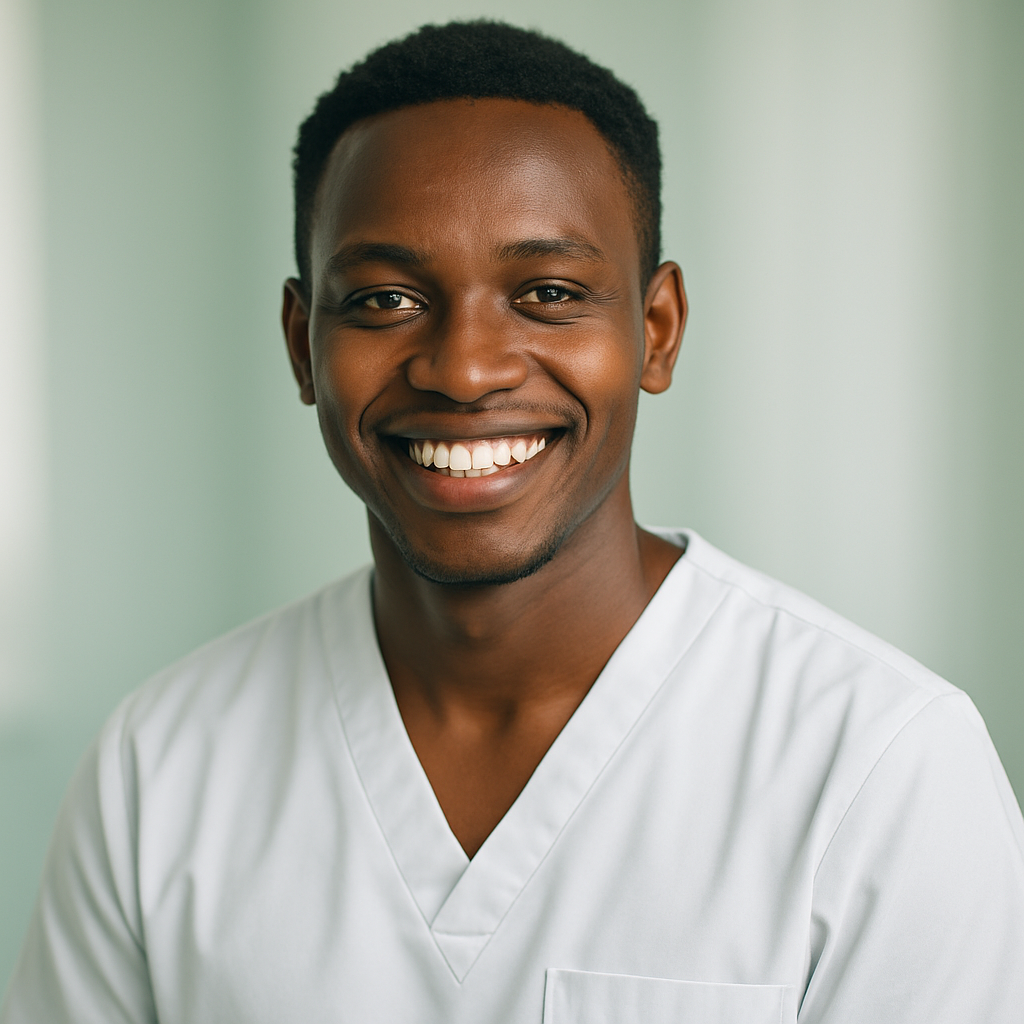 Young man, dark skin, bright smile, patient from Kenya