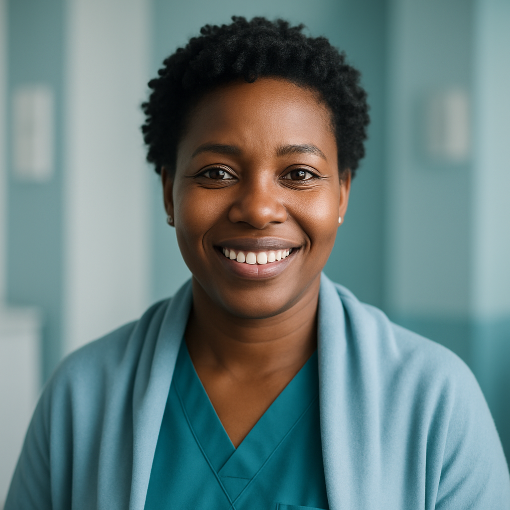 Woman with short curly hair, smiling, representing patient from Nigeria