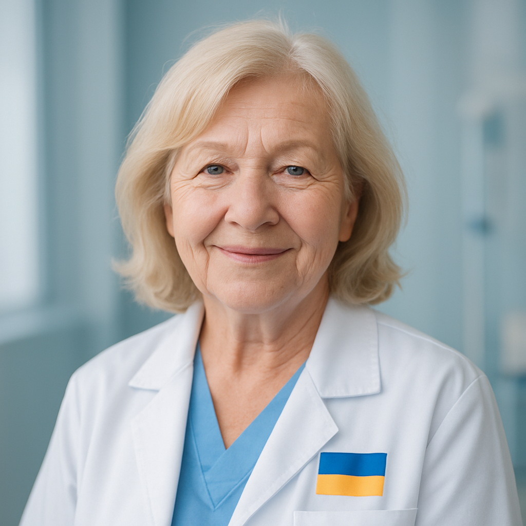Older woman, blonde hair, kind smile, patient from Ukraine