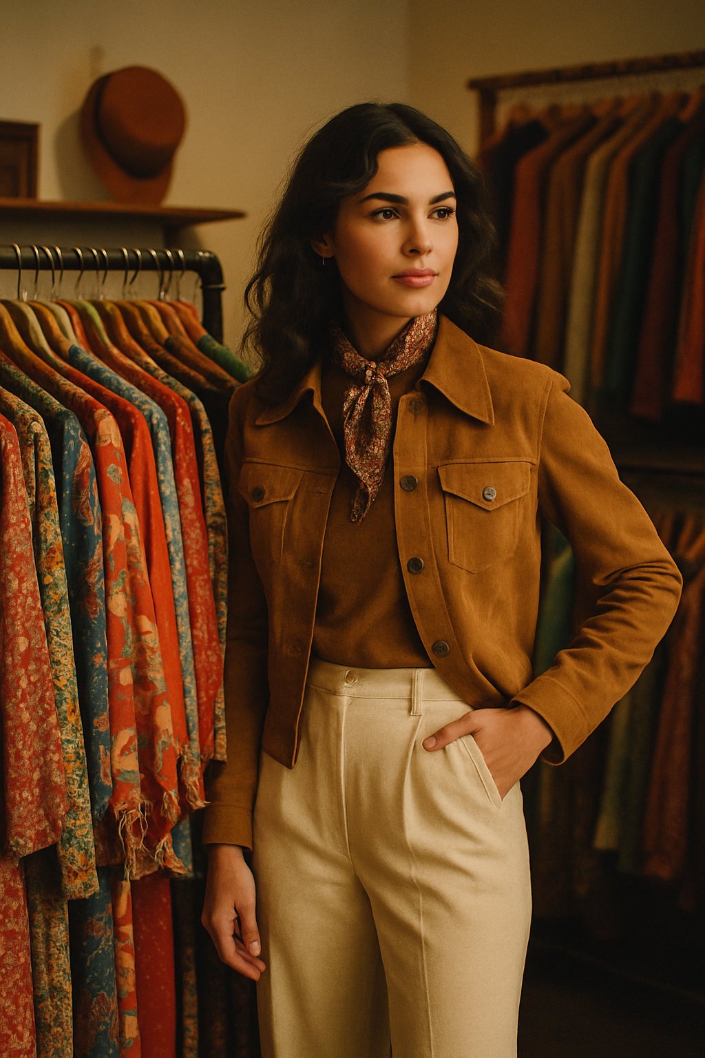 Warm film-style photograph of a vintage boutique lookbook featuring a model in a 70s suede jacket and high-waisted trousers