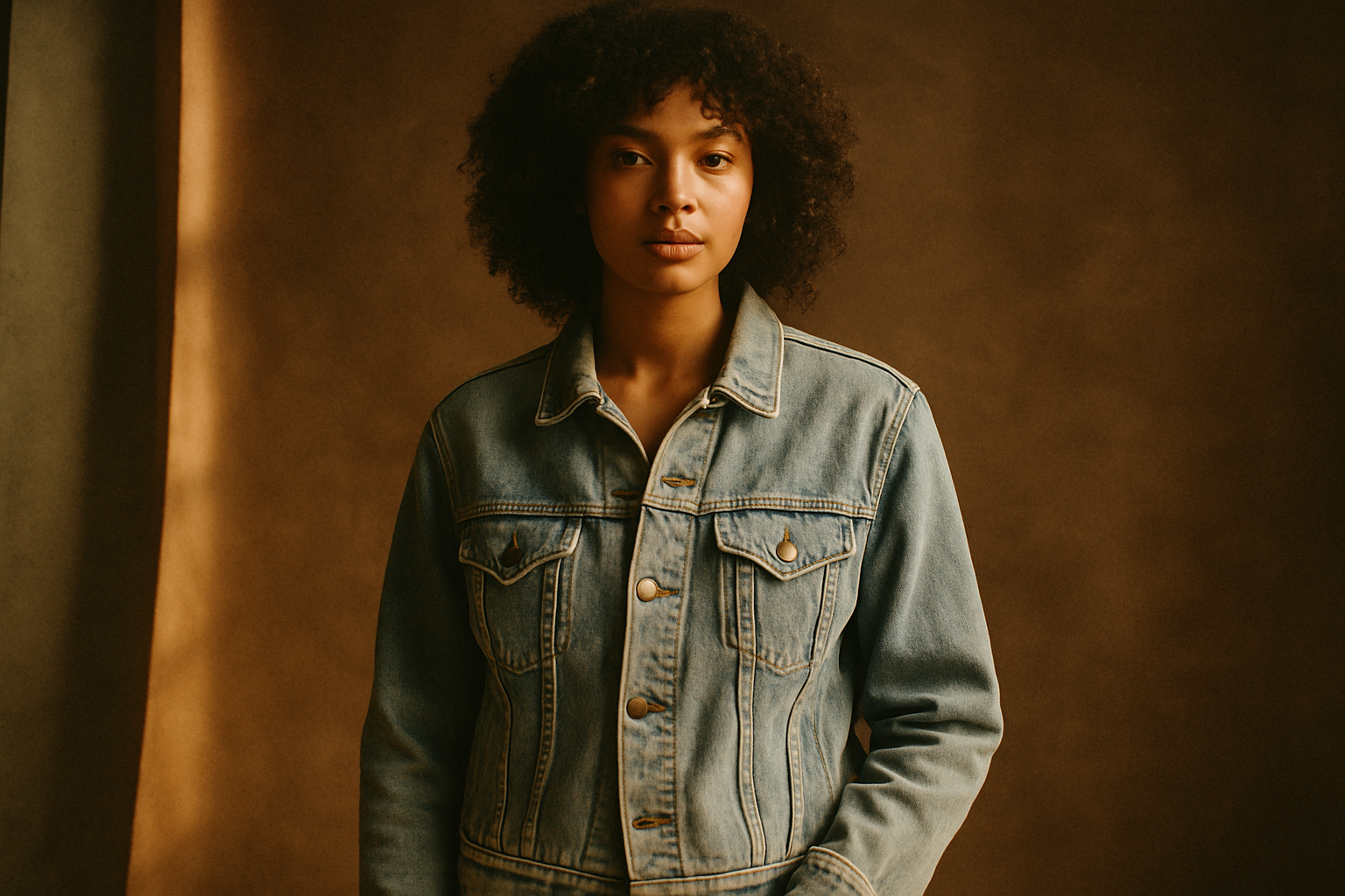 Model wearing a vintage light-wash denim jacket with worn seams and brass buttons, shot in warm film lighting