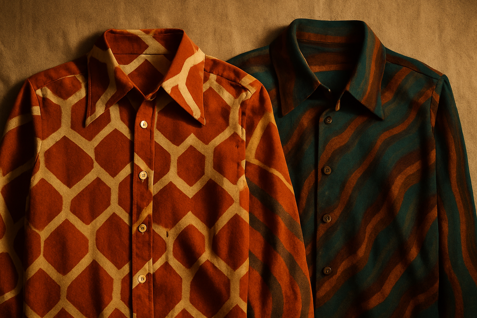 Flat lay of two vintage printed shirts in rich autumn tones with bold geometric patterns