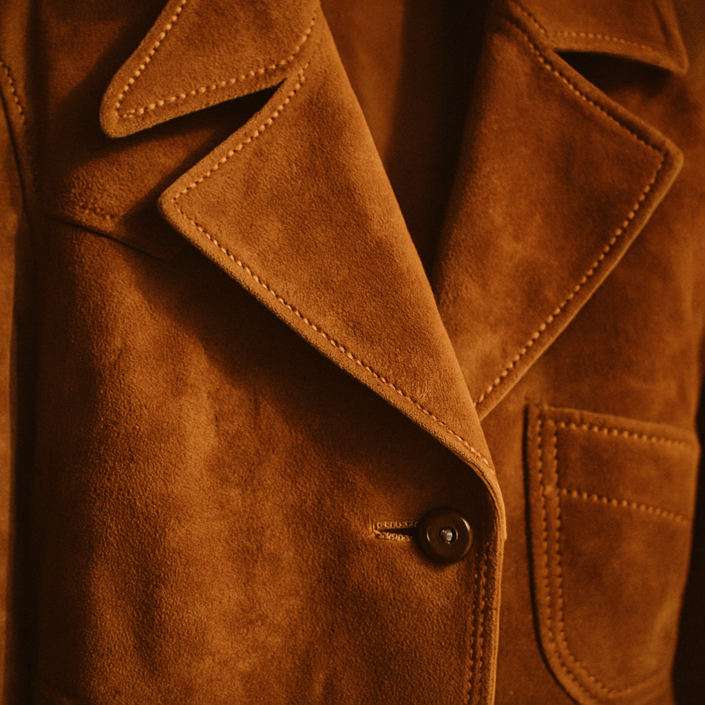 Close-up of a caramel suede jacket with oversized lapels and textured stitching